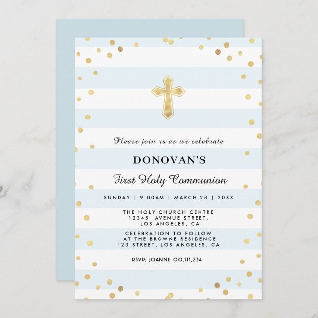 elegant blue first holy communion invitation card (Front/Back)