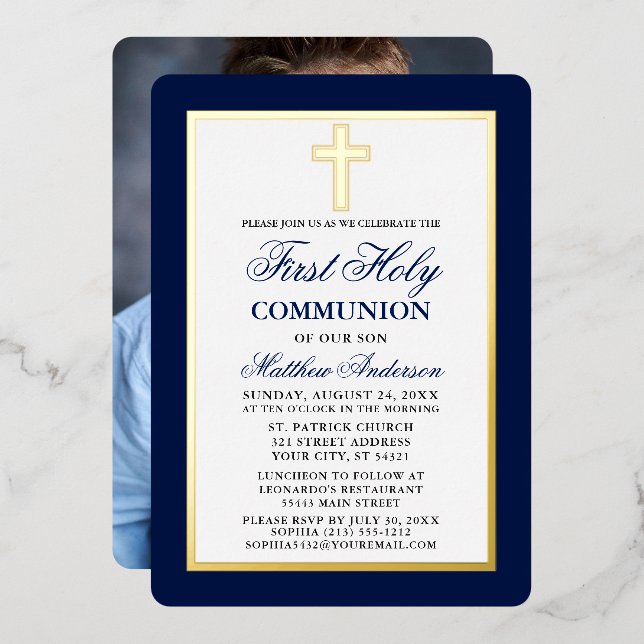 Elegant Blue First Holy Communion Photo Gold Frame (Front/Back)