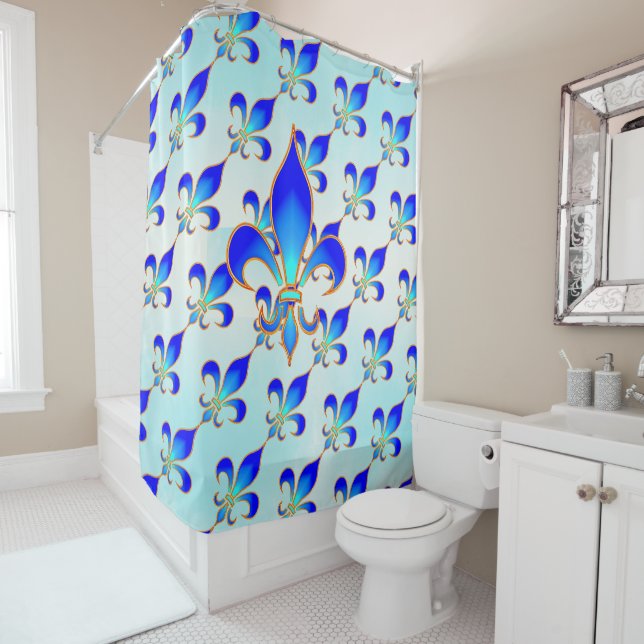 Elegant Blue Fleur-de-lis Aqua-Teal Shower Curtain (In Situ)