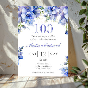 Elegant Blue Floral 100th Birthday Invitation