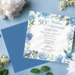 Elegant Blue Floral 50th Wedding Anniversary Party Invitation<br><div class="desc">Elegant blue and white with dusky sage green greenery floral frame wedding anniversary celebration design.</div>