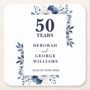 Elegant Blue Floral 50th Wedding Anniversary  Square Paper Coaster