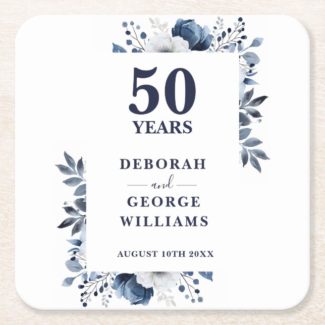 Elegant Blue Floral 50th Wedding Anniversary  Square Paper Coaster (Front)