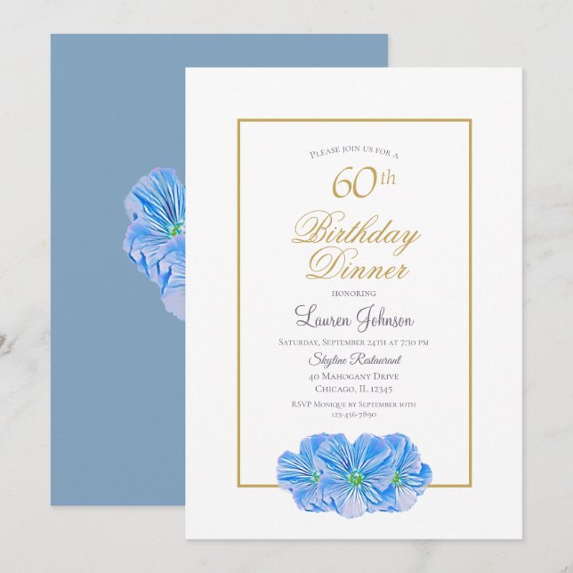 Elegant Blue Floral 60th Birthday Dinner Invitation (Front/Back)