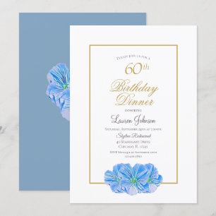 Elegant Blue Floral 60th Birthday Dinner Invitation