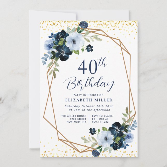 elegant blue floral 60th birthday party invitation (Front)