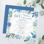 Elegant Blue Floral 60th Wedding Anniversary Party Invitation<br><div class="desc">Elegant blue and white with dusky sage green greenery floral frame wedding anniversary celebration design.</div>