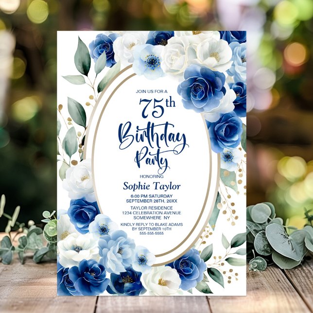 Elegant Blue Floral 75th Birthday Party Invitation (Creator Uploaded)