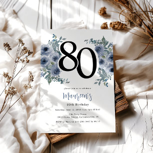 Elegant Blue Floral 80th Birthday Invitation