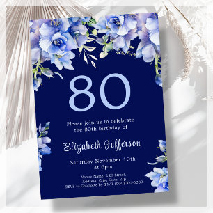 Elegant Blue Floral 80th Birthday Invitation