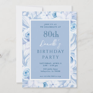 Elegant Blue Floral 80th Birthday Invitations