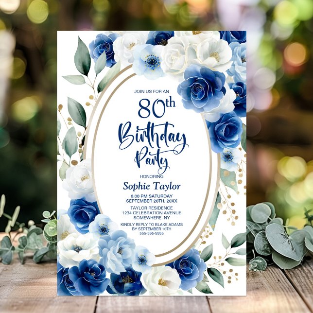Elegant Blue Floral 80th Birthday Party Invitation (Creator Uploaded)