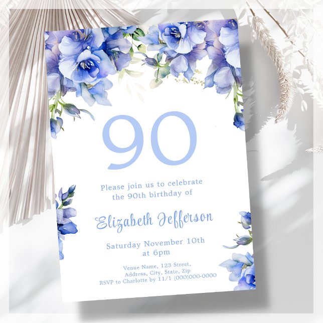 Elegant Blue Floral 90th Birthday Invitation (Creator Uploaded)