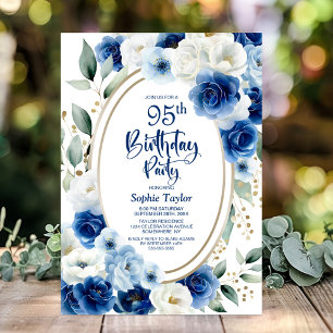 Elegant Blue Floral 95th Birthday Party Invitation