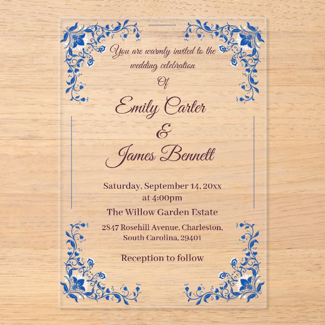 Elegant Blue Floral Acrylic Wedding Invitation  (Front)