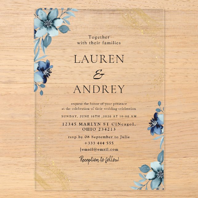 Elegant Blue Floral Acrylic Wedding Invitation (Front)