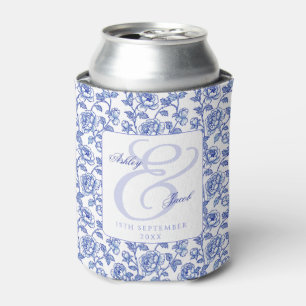 Elegant Blue Floral Ampersand Wedding  Can Cooler