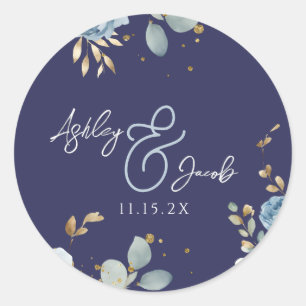 Elegant Blue Floral Ampersand Wedding Classic Round Sticker