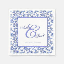 Elegant Blue Floral Ampersand Wedding Invitation Napkin