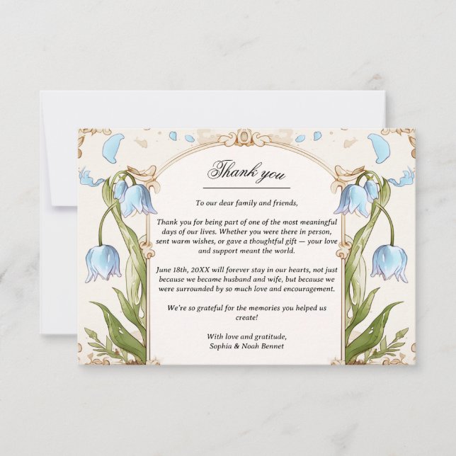 Elegant Blue Floral and Gold Wedding Thank you Card (Front)