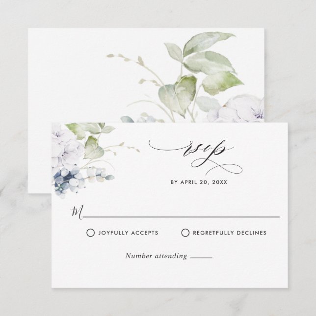 Elegant Blue Floral and Greenery Wedding RSVP Card (Front/Back)