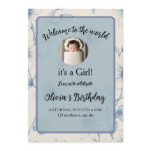 Elegant blue floral baby announcement