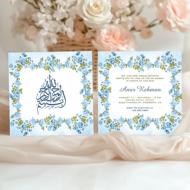 Elegant Blue Floral Baby Boy Aqiqah Invitation (Creator Uploaded)
