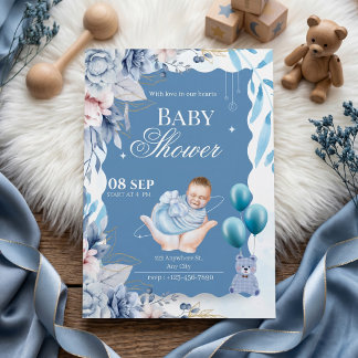 Elegant Blue Floral Baby Boy Welcome Invitation