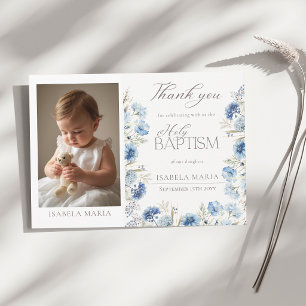 Elegant Blue Floral Baby Girl Baptism Photo Thank You Card