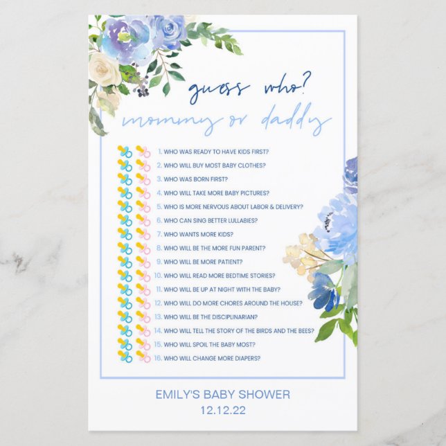Elegant Blue Floral Baby Shower Game Printed, Boy  (Front)