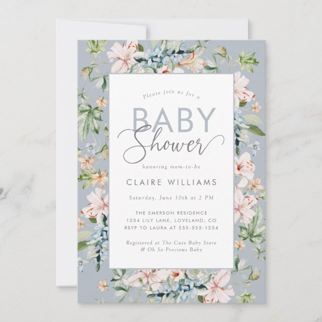 Elegant Blue Floral Baby Shower Invitation (Front)