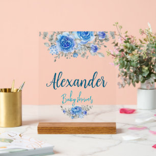 Elegant Blue Floral Baby Shower Welcome Acrylic Sign