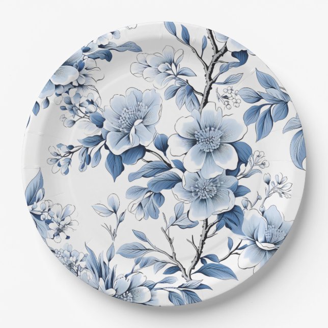 Elegant Blue Floral Bachelorette Party Paper Plate (Front)