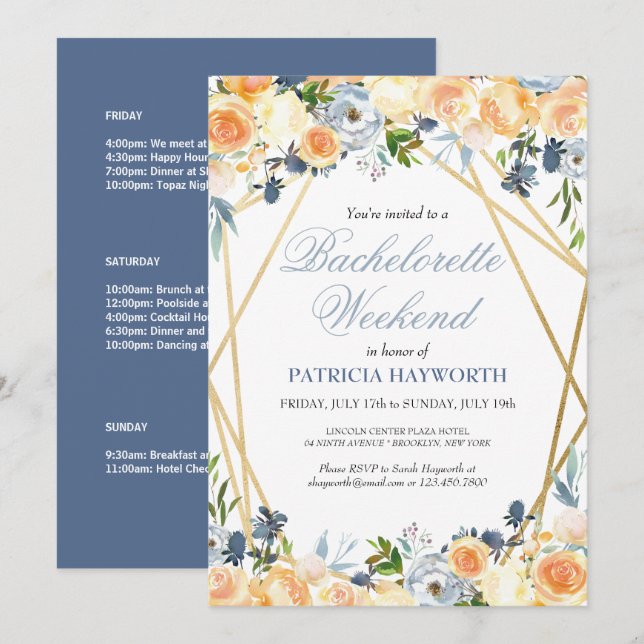 Elegant Blue Floral Bachelorette Weekend Itinerary Invitation (Front/Back)