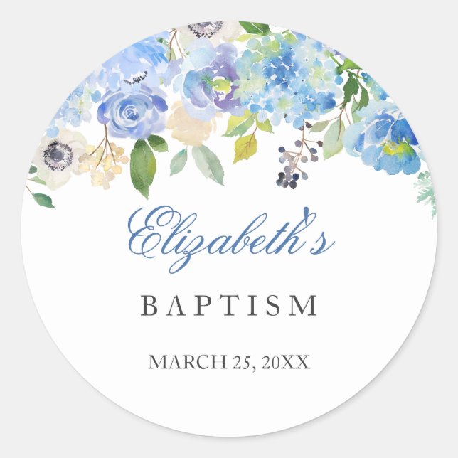 Elegant Blue Floral Baptism Christening Sticker (Front)