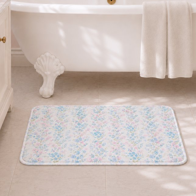 Elegant Blue Floral Bath Mat (elegant pretty girly pale blue blush pink floral pattern bathmat)