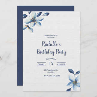 Elegant Blue Floral Birthday Invite, Boho Birthday Invitation