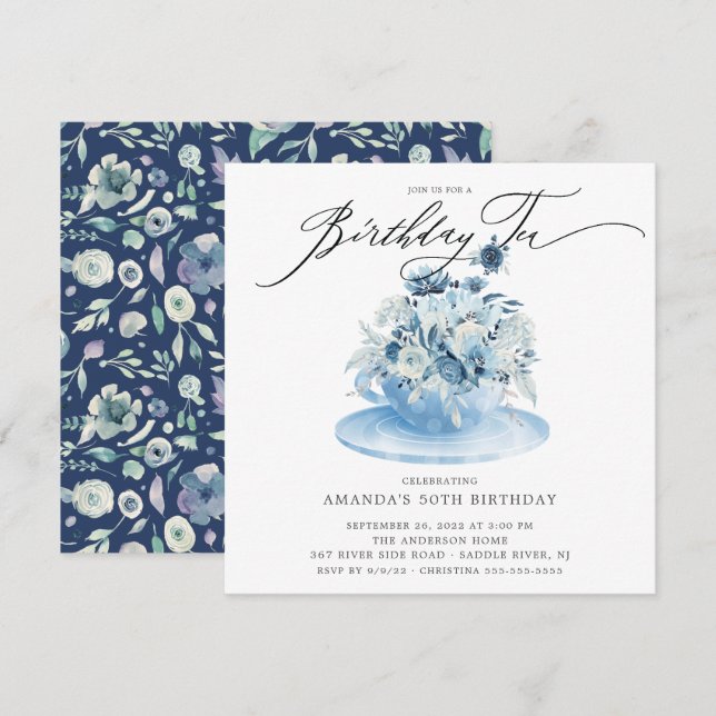 Elegant Blue Floral Birthday Tea Invitation (Front/Back)