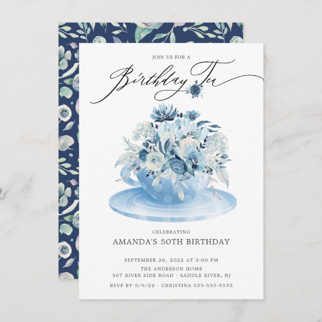 Elegant Blue Floral Birthday Tea Invitation (Front/Back)