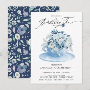Elegant Blue Floral Birthday Tea Invitation