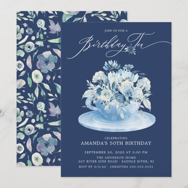 Elegant Blue Floral Birthday Tea Invitation (Front/Back)