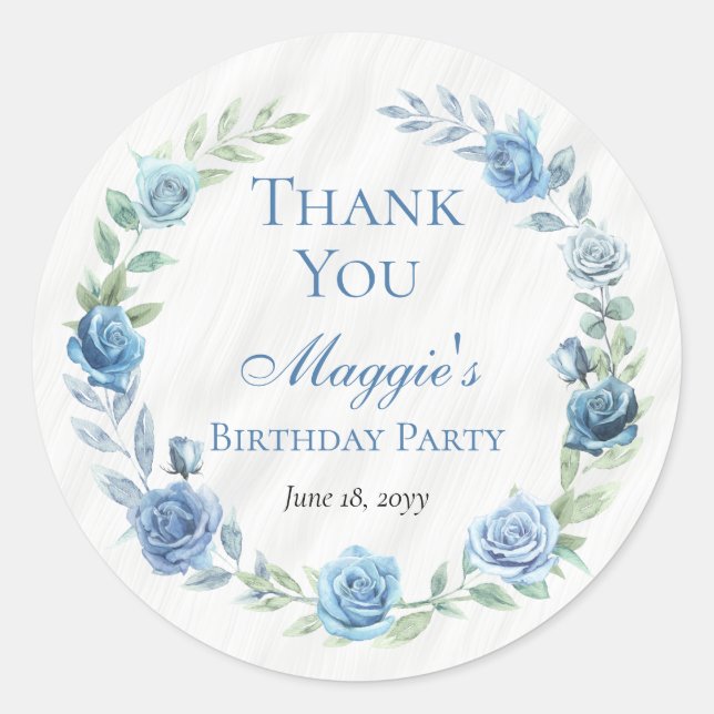 Elegant Blue Floral Birthday Thank You Classic Round Sticker (Front)