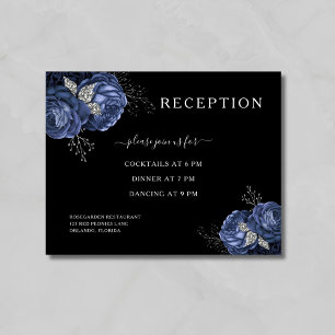 Elegant Blue Floral Black Wedding Reception Enclosure Card
