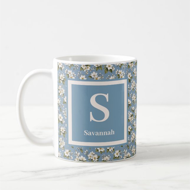 Elegant Blue Floral Blossom  Monogram  Coffee Mug (Left)