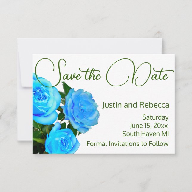 elegant blue floral blue roses blue flowers save the date (Front)