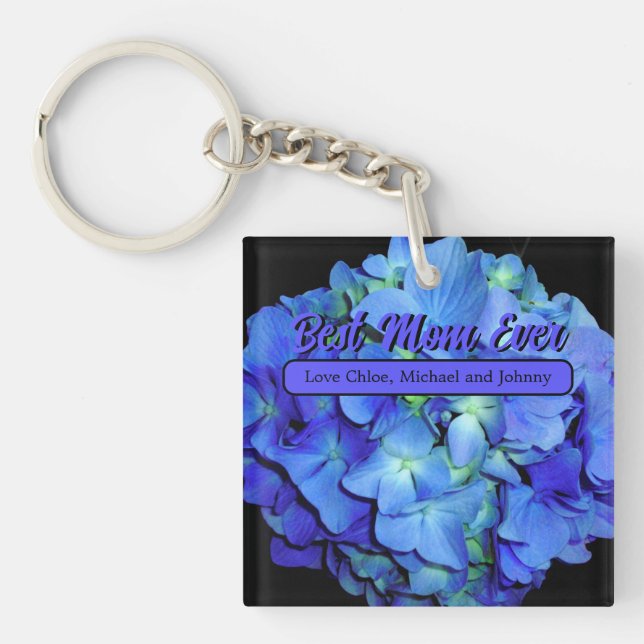 Elegant blue floral blue roses blue hydrangeas  key ring (Front)
