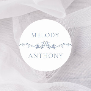 Elegant Blue Floral Border Monograms Classic Round Sticker