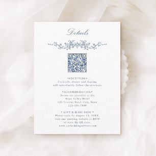 Elegant Blue Floral Border QR Code Wedding Details Enclosure Card
