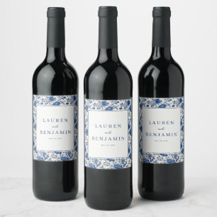 Elegant Blue Floral Border Wine Label