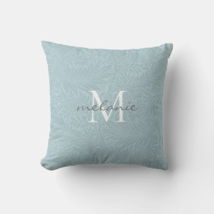 Elegant Blue Floral Botanical Script Monogram Cushion